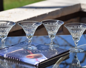 6 Vintage Etched Cocktail - Martini Glasses,  Nick and Nora Cocktails, 1950's, Vintage Etched Champagne Glasses, Manhattan Cocktail Glasses