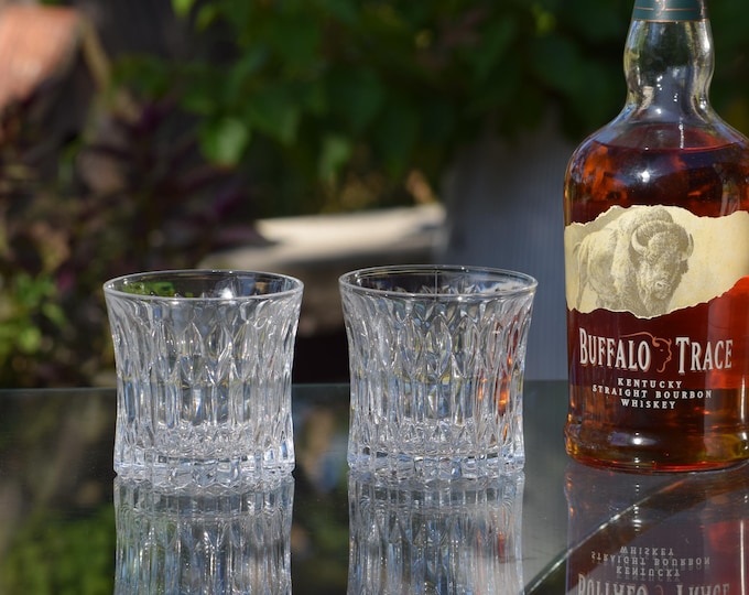 WHISKEY NEAT?  3 Vintage Double Old Fashioned Glasses,  Fostoria, 1980's, Vintage Lowball ~ Rocks ~ Whiskey, Bourbon, Scotch Glasses