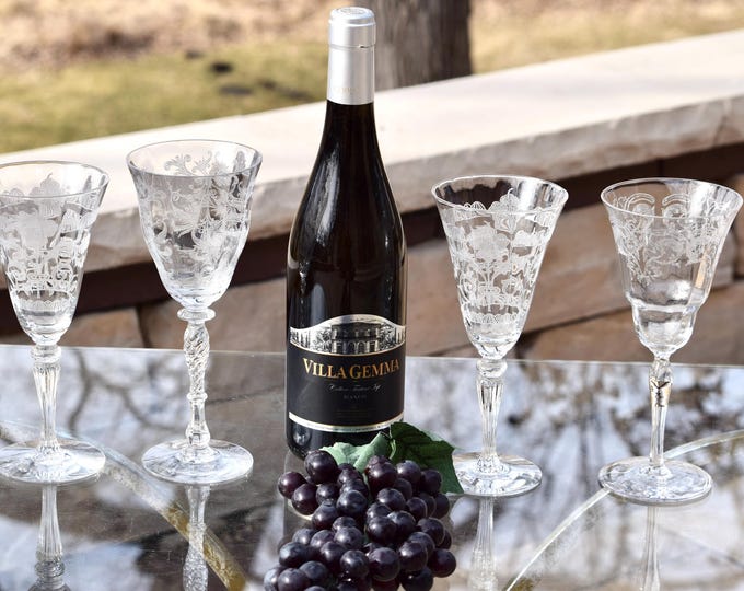 SIPPING WINE In STYLE! 4 Vintage Etched Wine Glasses, Set of 4 Mis-Matched Etched Wine Glasses ~ Water Goblets, 1940's, Tiffin Byzantine