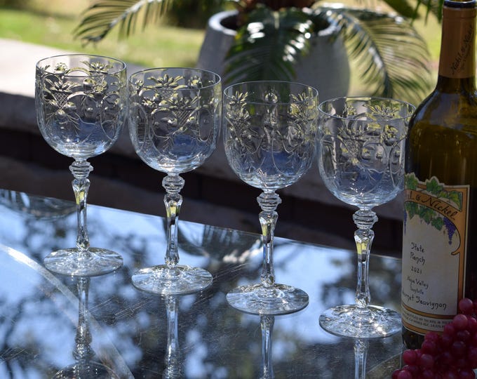 Vintage Etched CRYSTAL Wine Glasses, 4 Glasses, Tiffin Franciscan, 1940's, Vintage Crystal Stemware