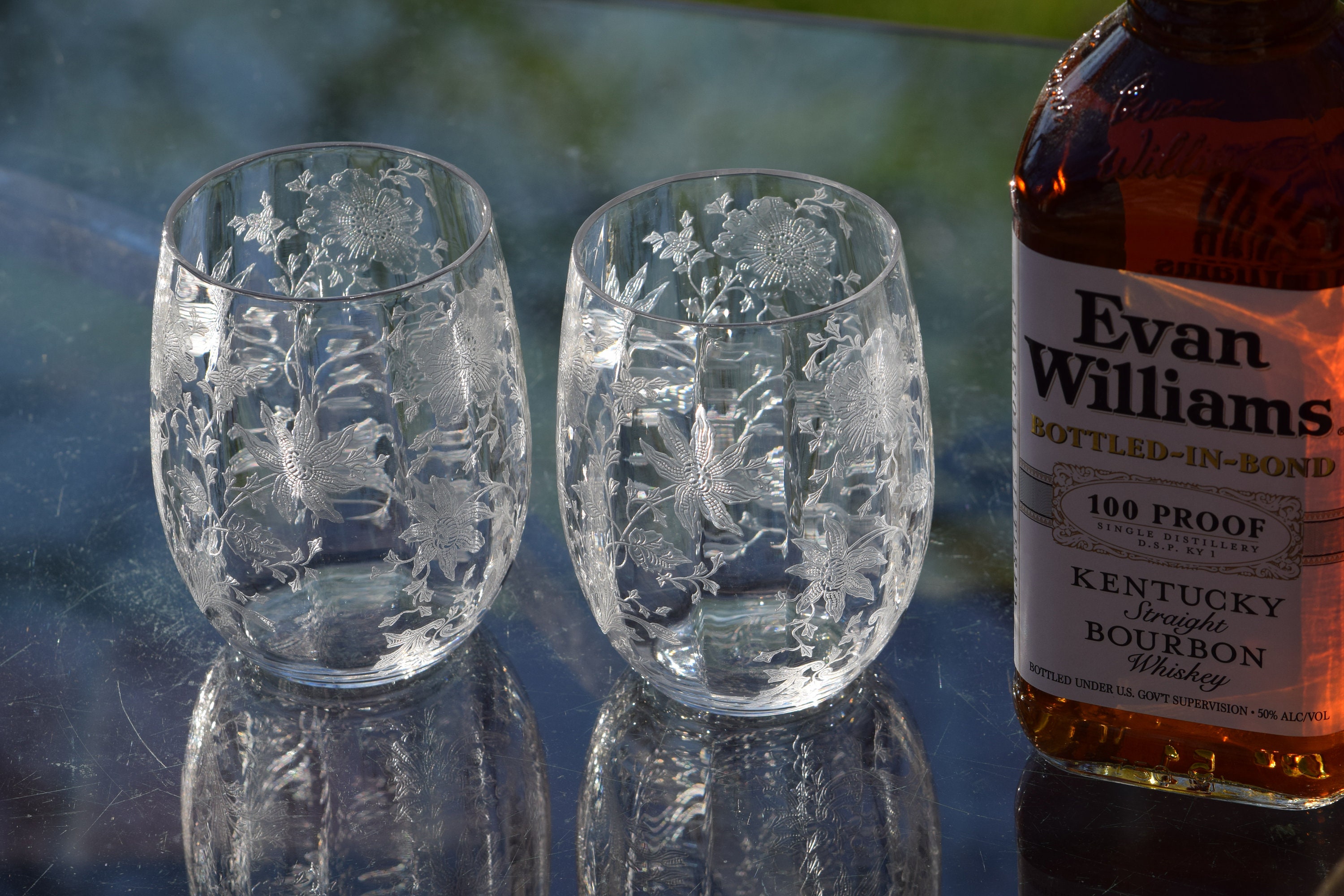 Vintage Whiskey Bourbon Glasses, Set of 2, Cambridge, Wildflower, 1940