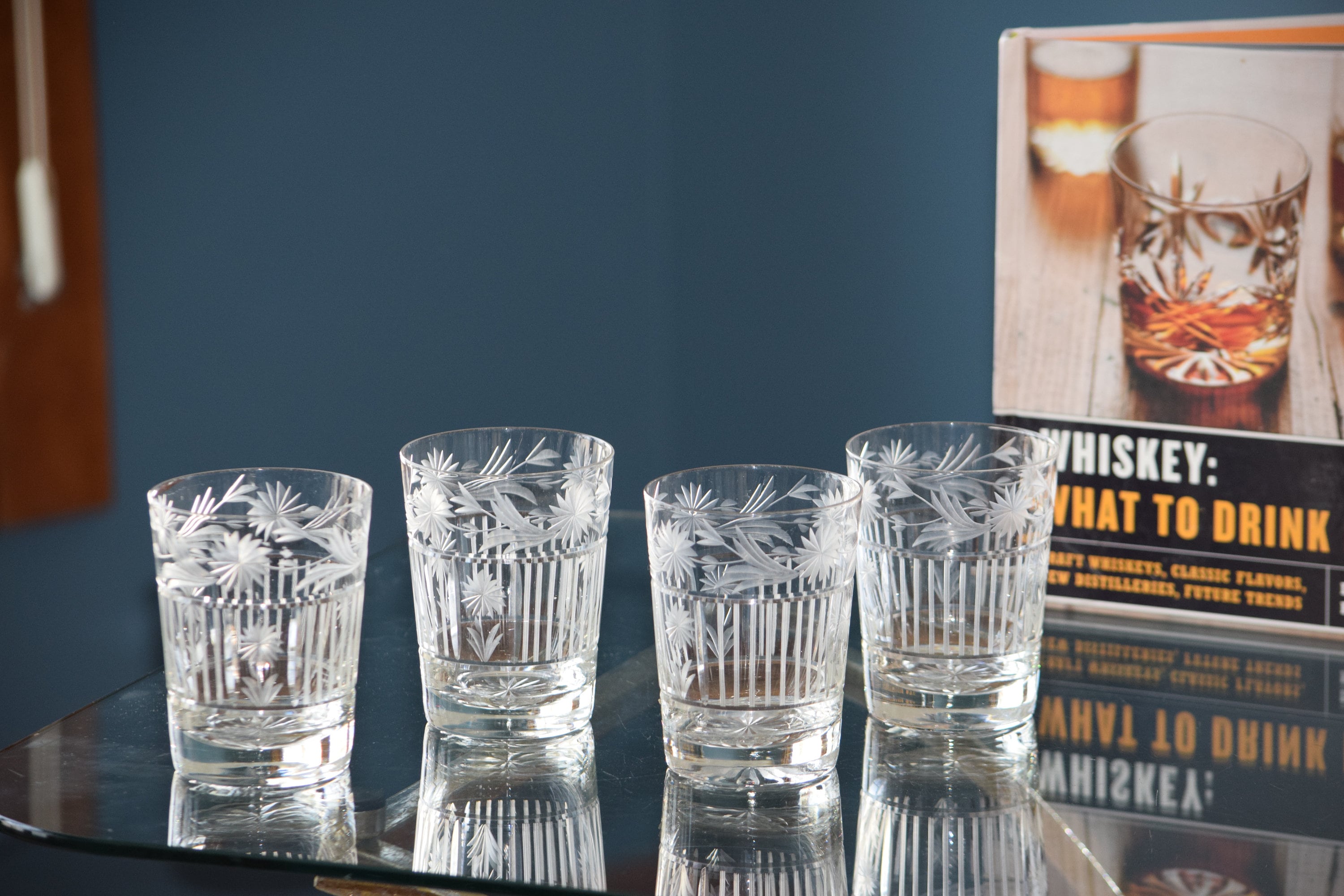 2 Vintage Etched Old Fashioned Rocks Glasses, Vintage Etched Whiskey