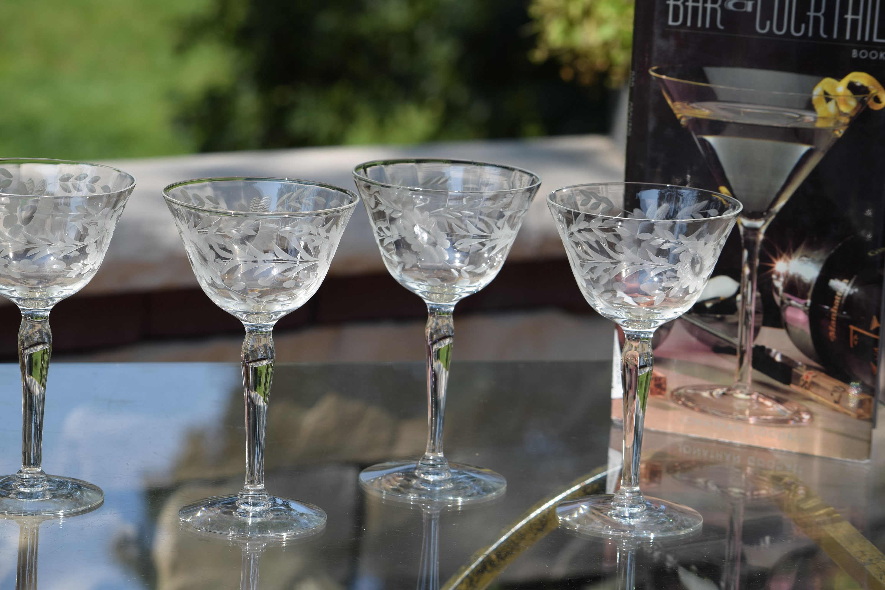 5 Vintage Etched Cocktail ~ Martini Glasses, Tiffin Franciscan, 1950's,  Nick and Nora, Mixologist Craft Cocktails ~ Champagne Glass