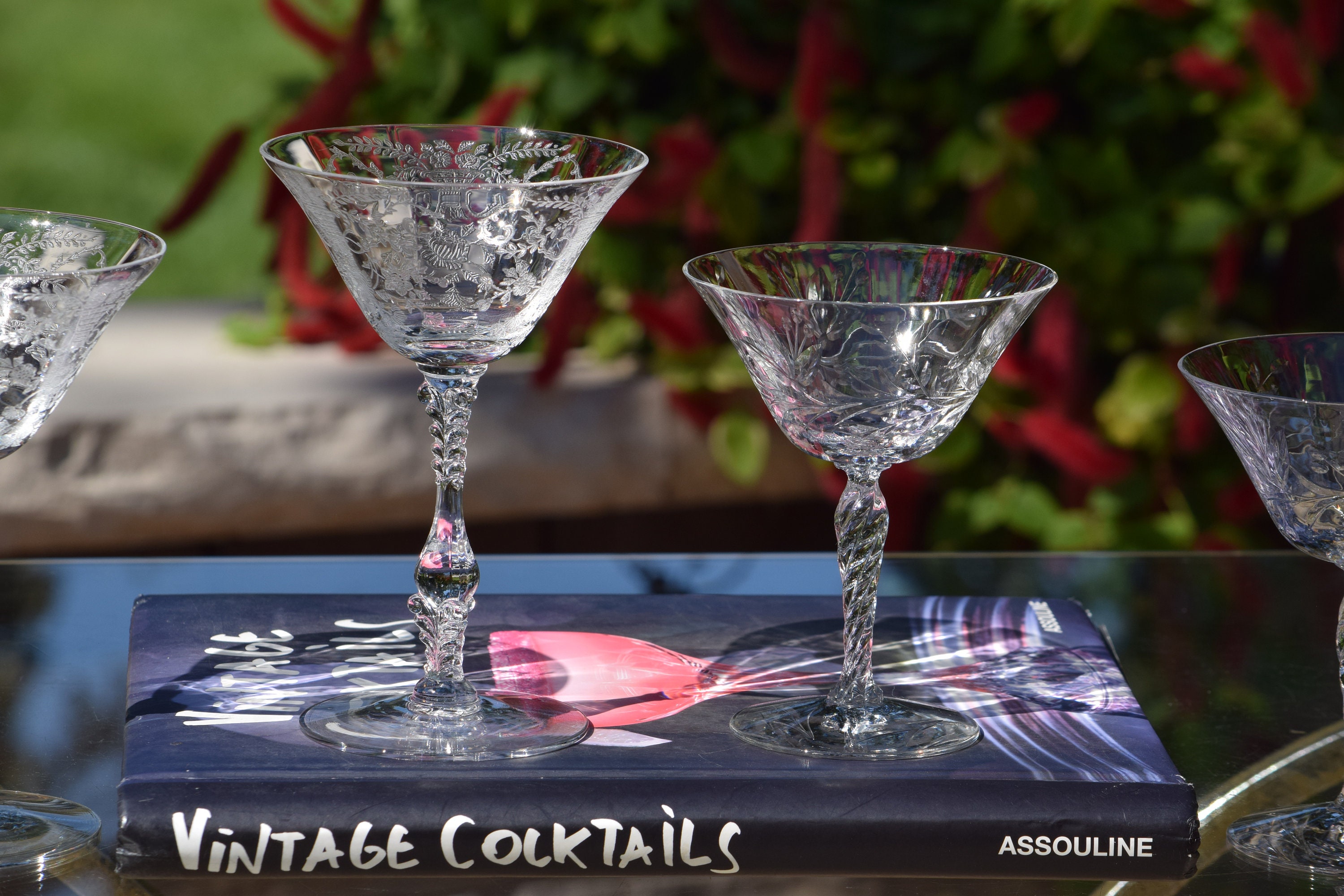 4 Vintage Etched Cocktail Martini Glasses, Set of 4 MisMatched Mixed