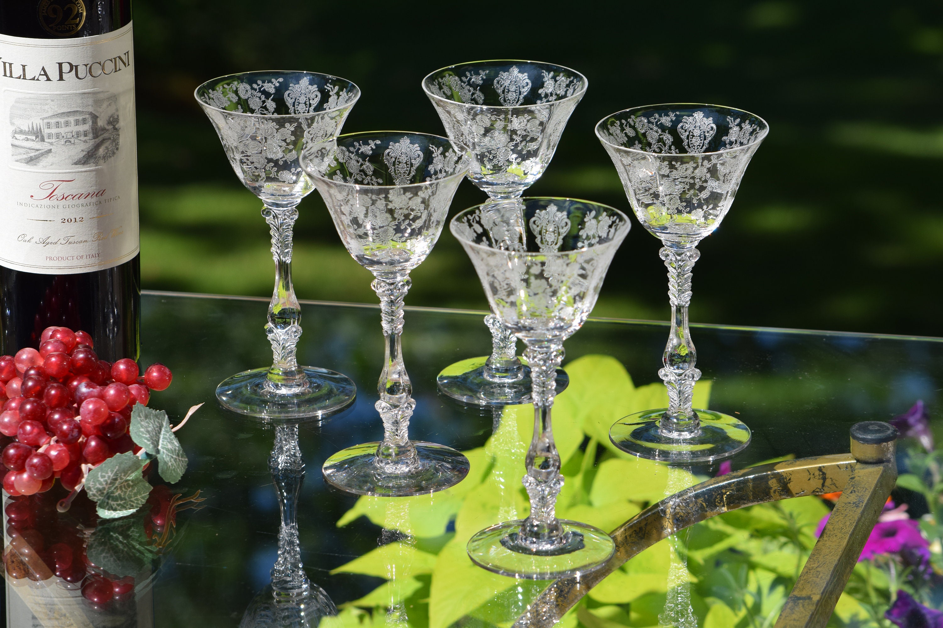 Vintage Needle Etched Optic Crystal Cocktail Ice Tea Glasses, Set