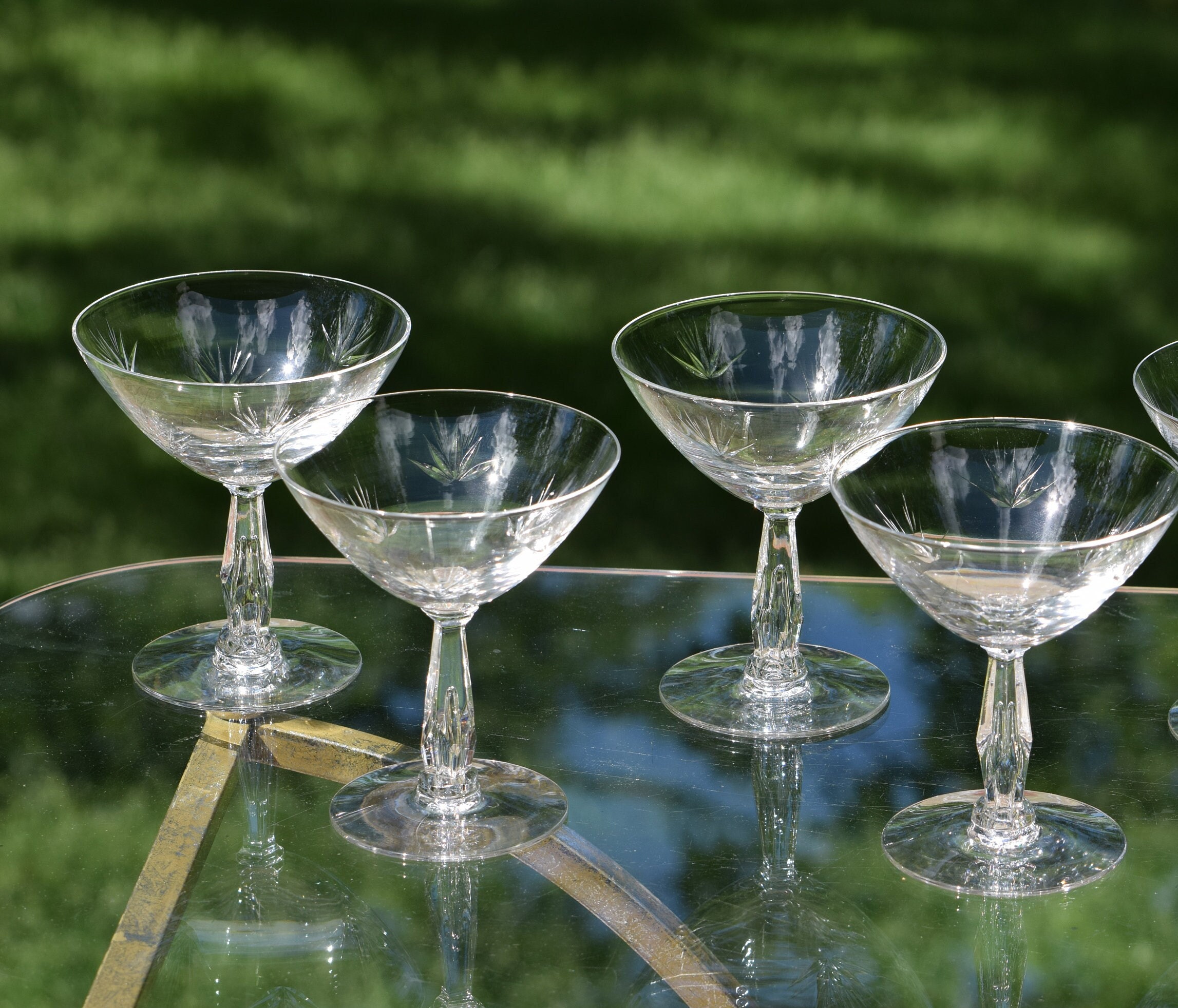 1970s Flat Bottom, Short Stem Cocktail/Water Glasses, Hand Etched Abstract  Pattern- Set of 10