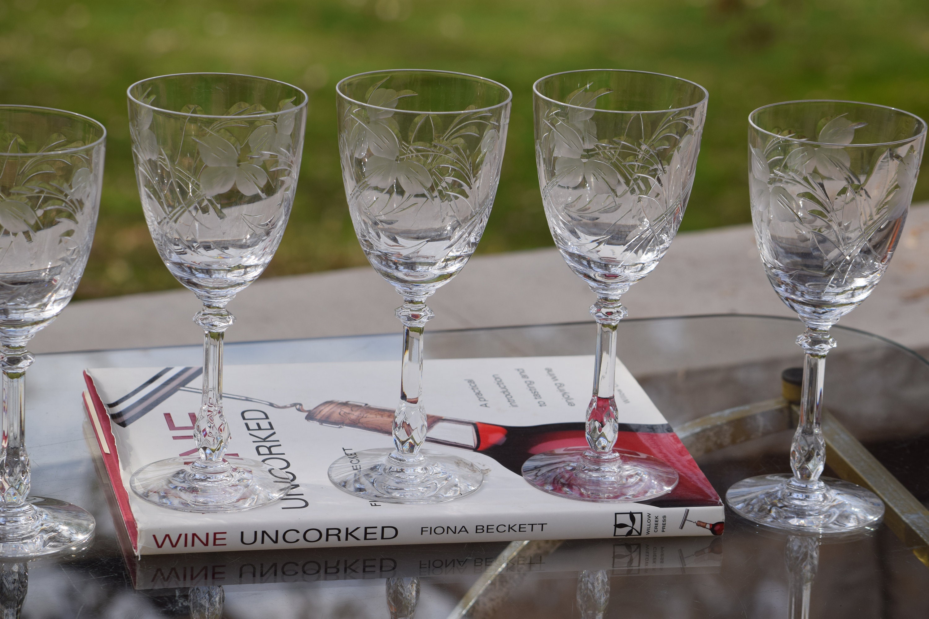 Vintage 1950's Cut Crystal large Wine Glass Set of 4 - Detailed Floral  Design