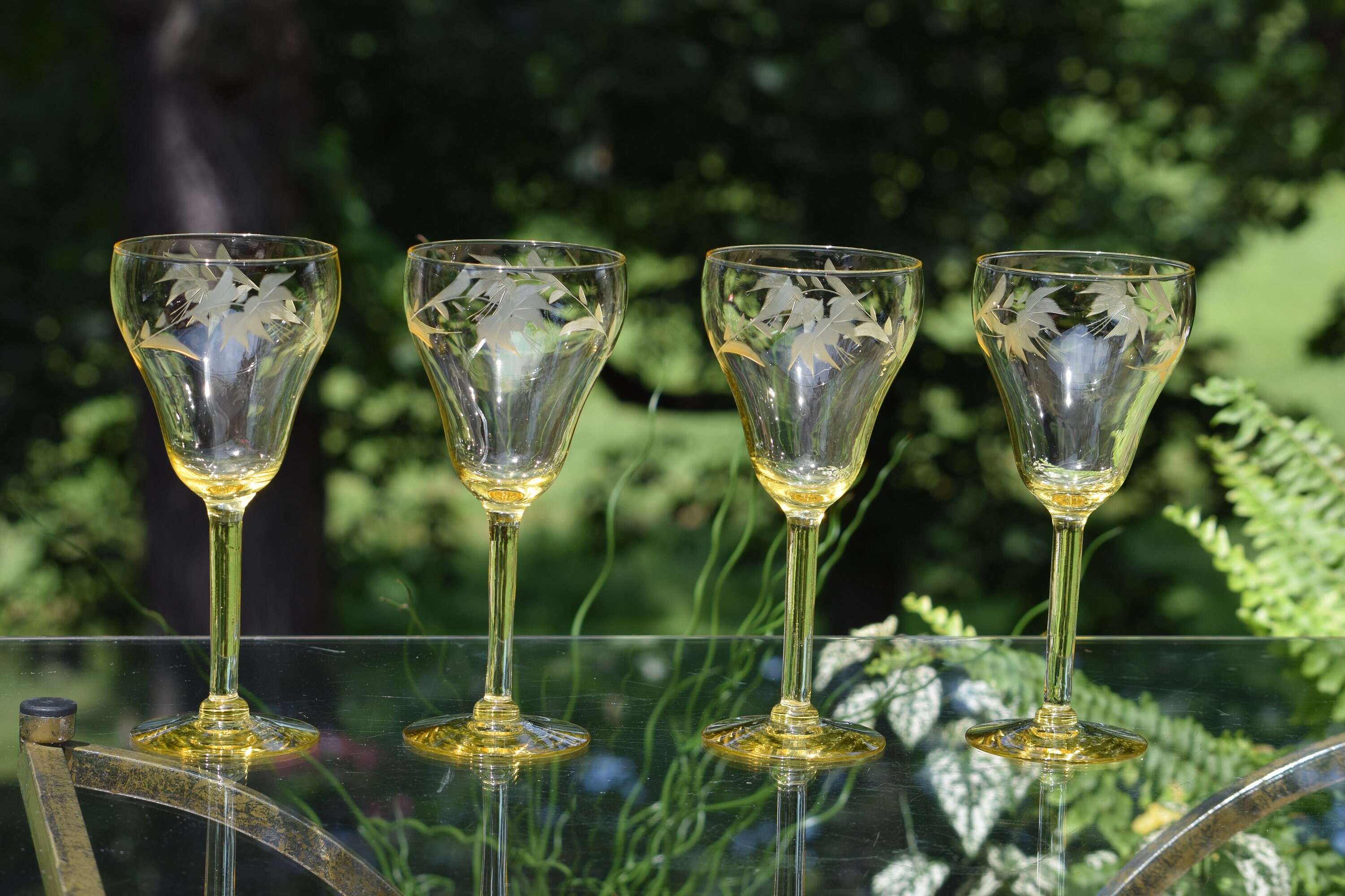 Vintage Etched Yellow Wine Glasses, Set of 4, Elegant Tall Yellow
