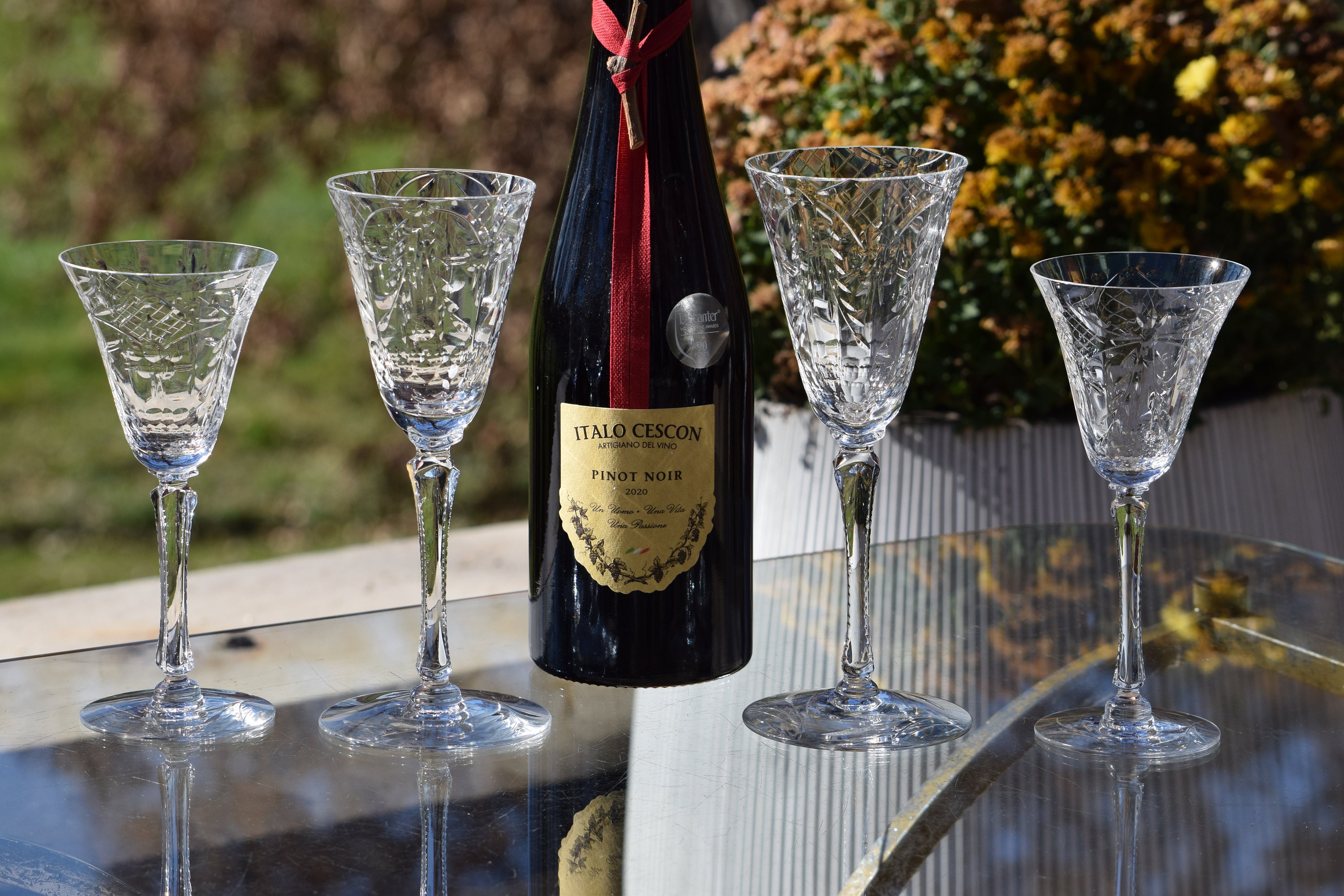 4 Vintage CRYSTAL Etched Port Wine Glasses, 1940's, Vintage