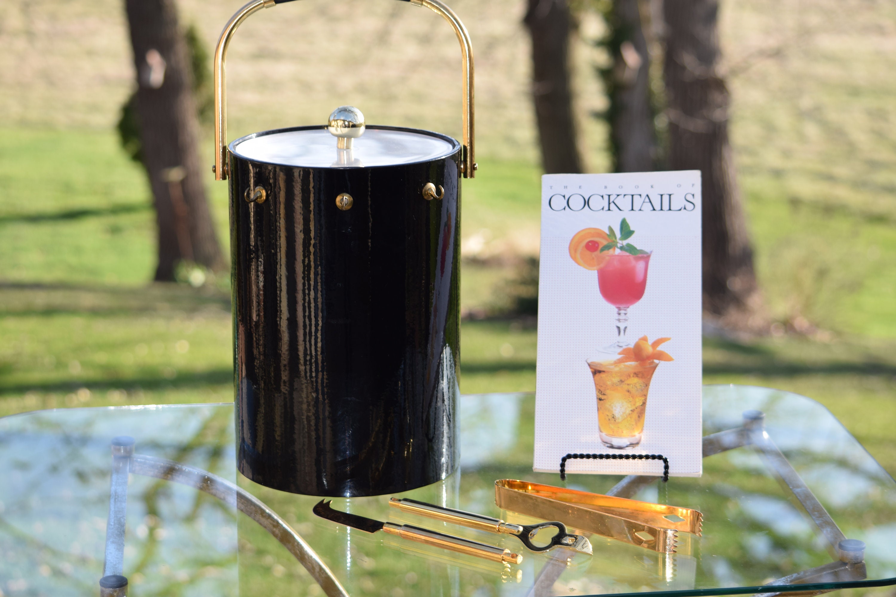 Vintage BRIARD Ice Bucket Black Patent Leather and Gold