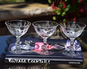3 Vintage Etched CRYSTAL Cocktail Glasses ~ Martini Glasses, Fostoria, 1940's,  Vintage Etched Champagne Glass, Nick & Nora Martini Glasses