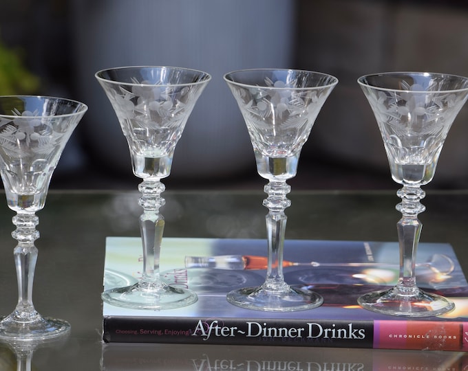 SIPPING PORT? 4 Vintage Etched Port Wine Glasses, Rock Sharpe, 1950's, After Dinner Drink 2 oz Liqueur Glasses, Dessert Wine Cordials