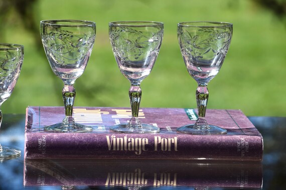 5 Vintage Etched Port Wine Glasses - Cordials ~ Fostoria, 1910's, 3 oz  After Dinner Drink Glasses, Port Wine ~ Dessert Wine Glasses