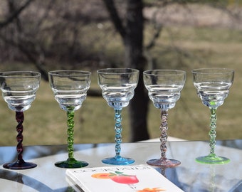 5 Vintage Multi Colored Clear - Twisted Stem wine 4 oz Glasses,  Vintage Liqueur Glasses, 4 oz After Dinner Drink Coupes, Dessert Wine