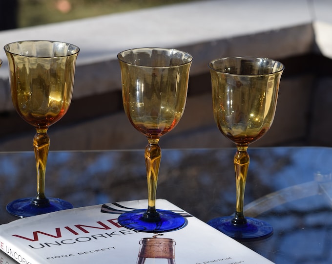 Vintage MCM Amber Cobalt Blue Wine Glasses - 1950s Weston Glass, Set of 5