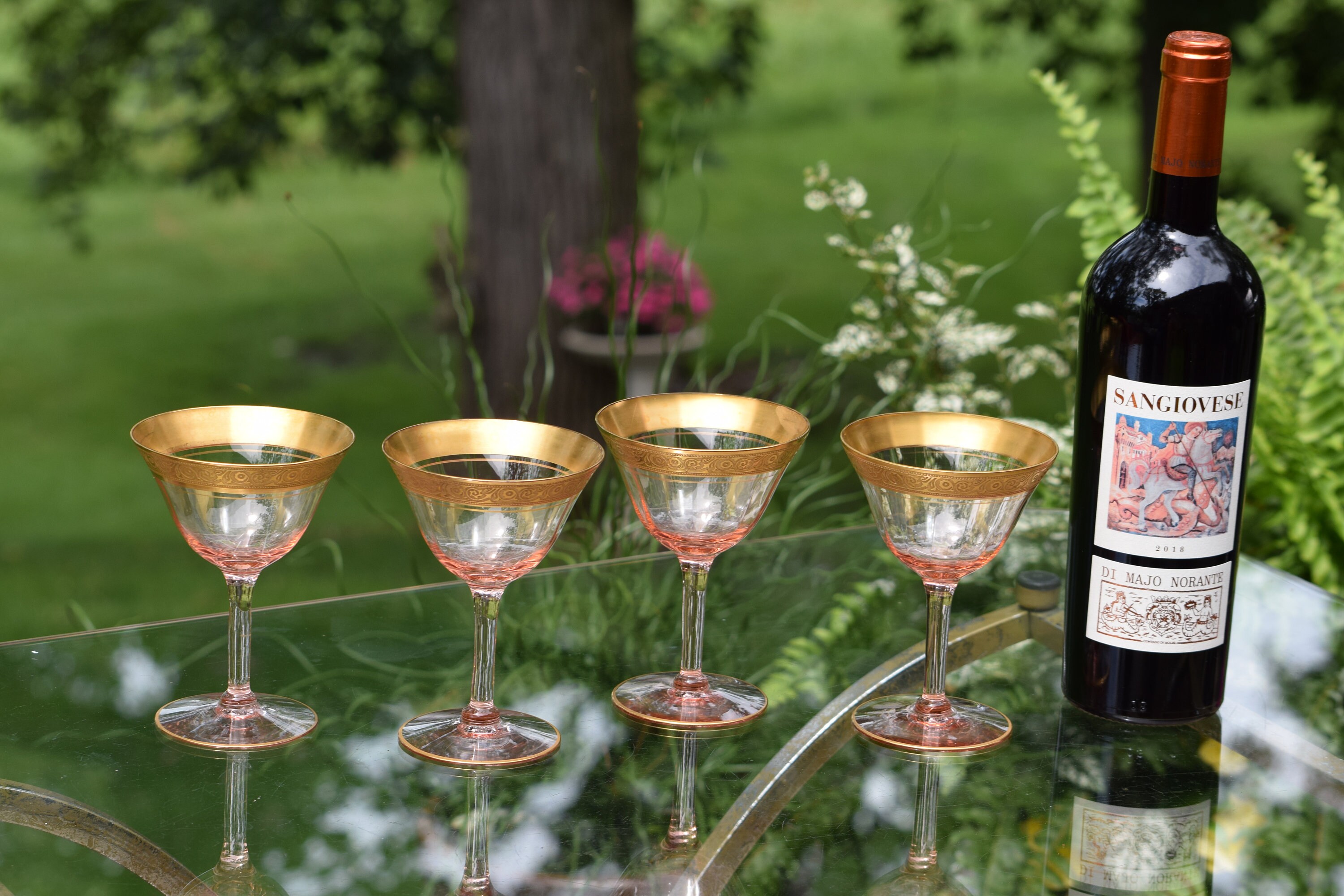 Vintage PINK Gold Rimmed Encrusted Cocktail - Martini Glasses, Set of 4,  1930's Cocktail Glasses, Mixologist glasses, Champagne Glasses