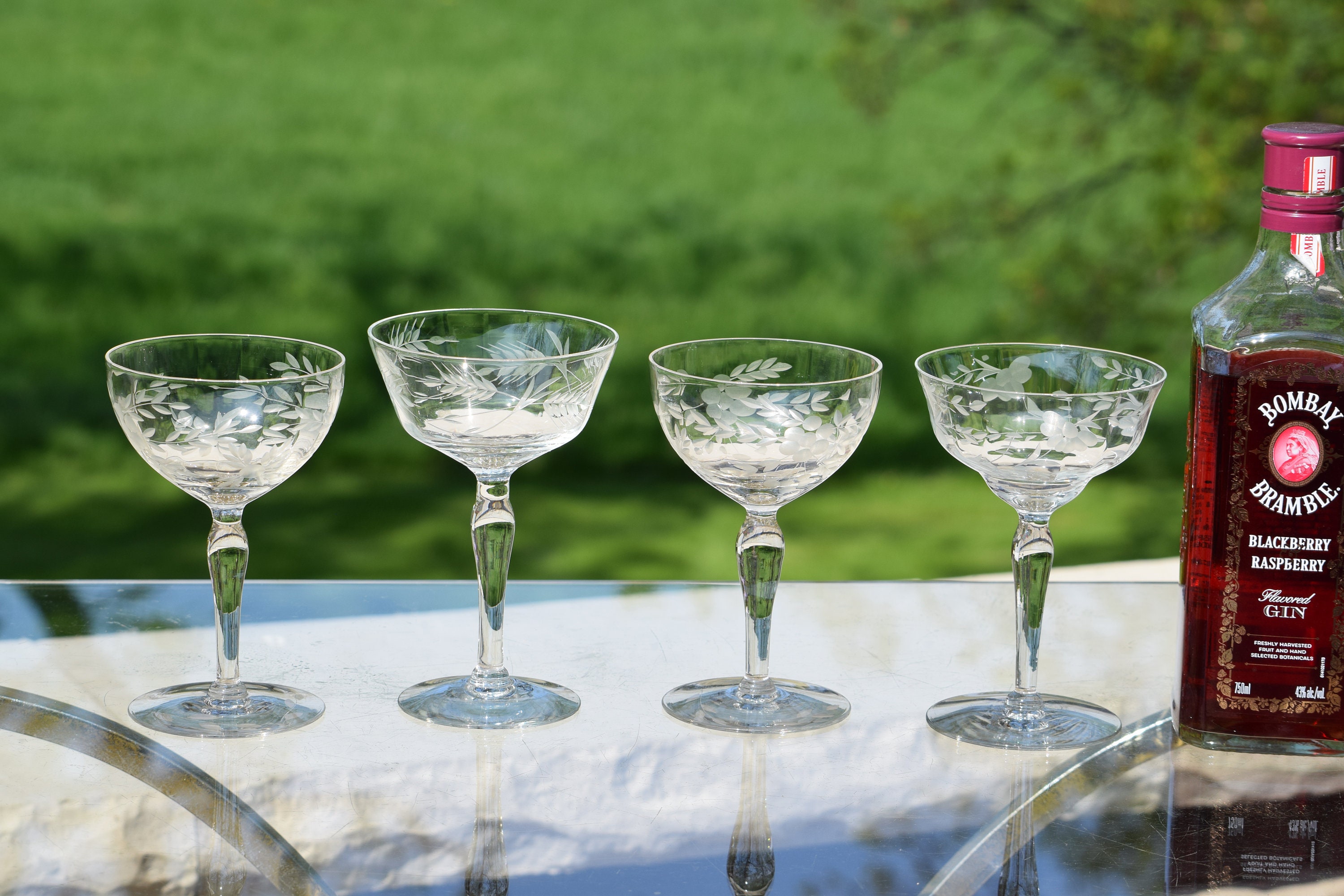 4 Vintage Etched Cocktail Martini Glasses, Set of 4 MisMatched Mixed