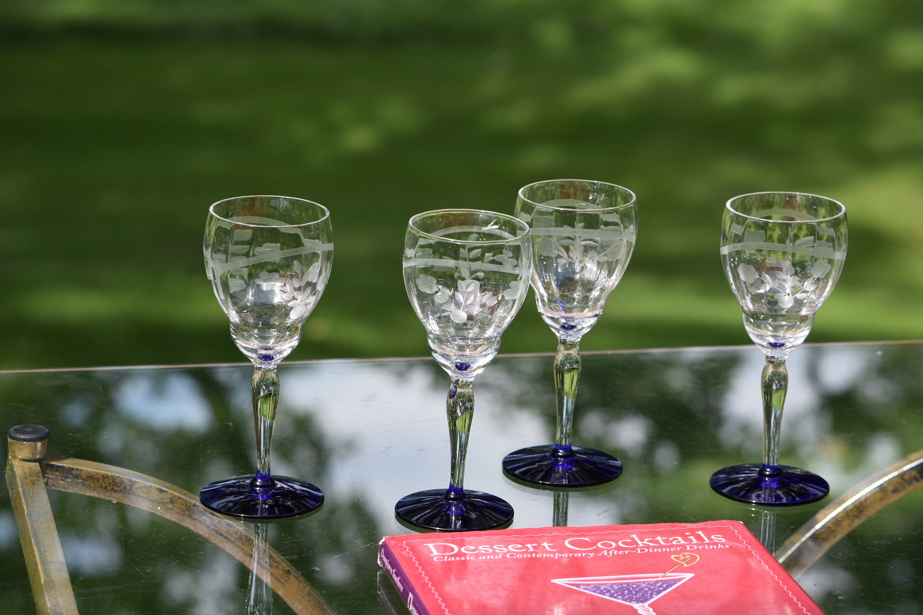 Vintage Etched Wine Glasses, Set of 5, circa 1950, 4 oz, Vintage