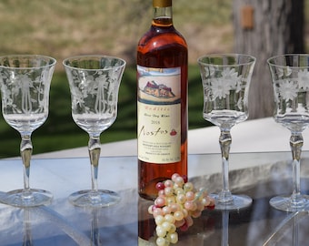Vintage Etched Wine Glasses - Mismatched Floral Stemware, Set of 6
