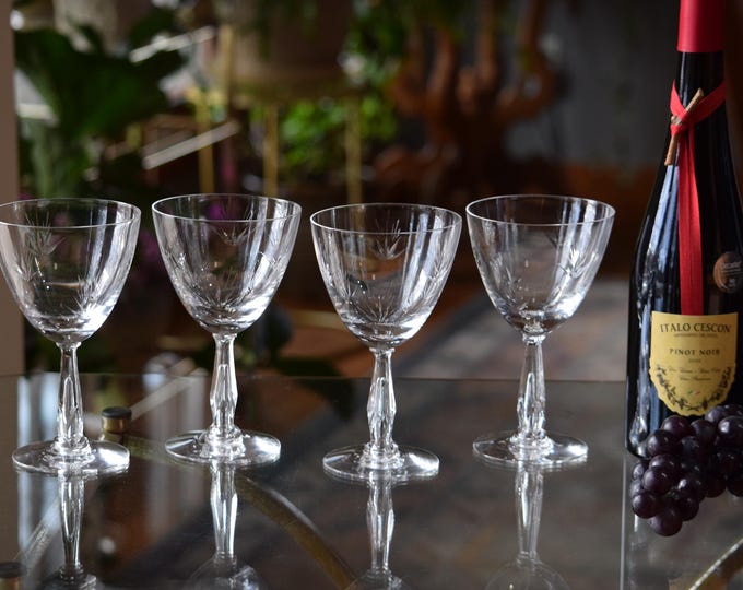 ELEGANT and CLASSY!  4 Vintage Etched CRYSTAL Wine Glasses, Bubble Stem,  10 oz Water goblets, Tiffin Franciscan, Dawn, 1960's