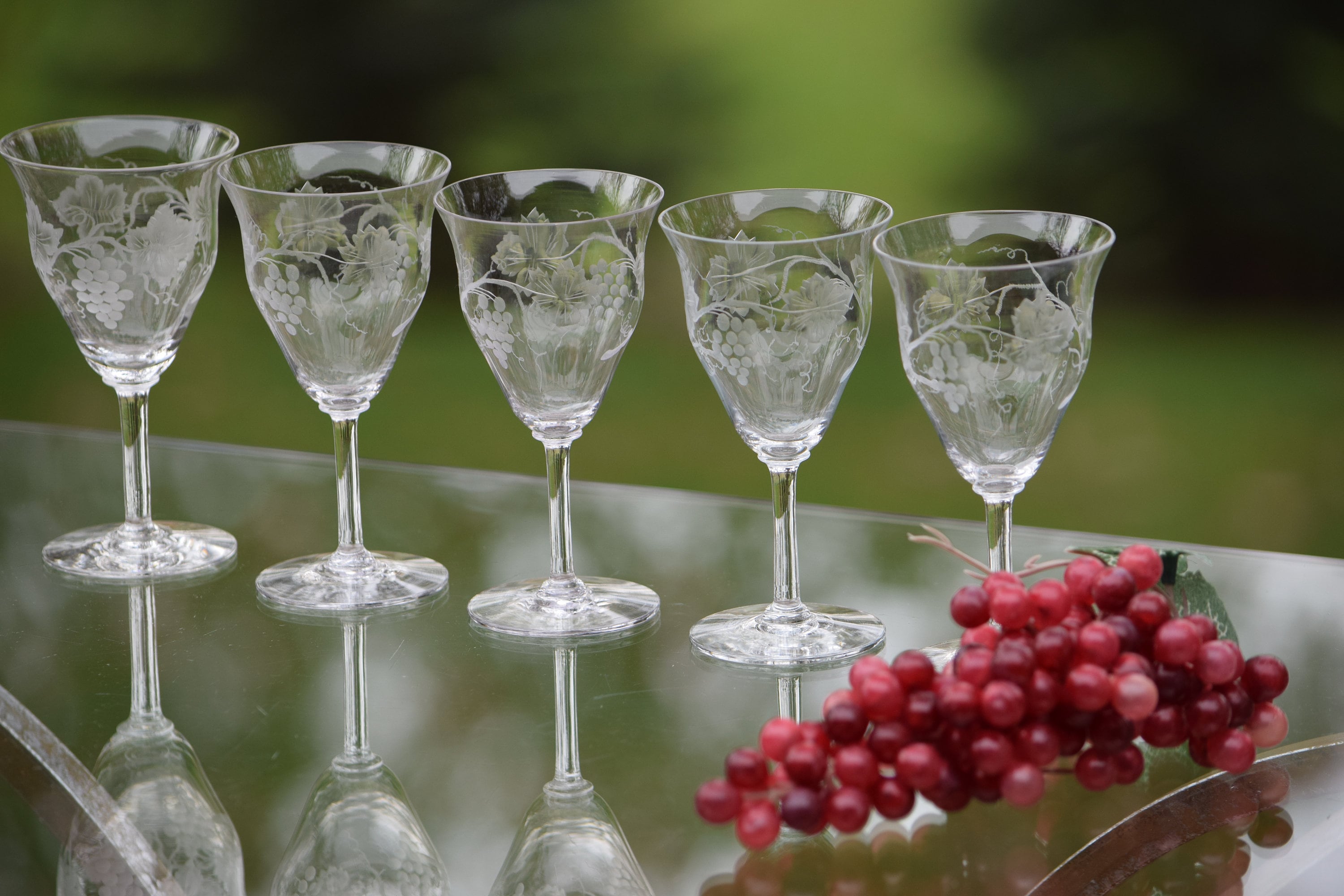 Vintage Etched CRYSTAL Wine Glasses, Set of 5, 4 oz Round Crystal