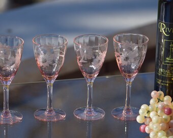 4 Vintage Pink Etched Wine Cordials - Glasses, After Dinner Drink Wine ~ Liquor Glasses, 3 oz Port ~ Dessert Wine Glasses