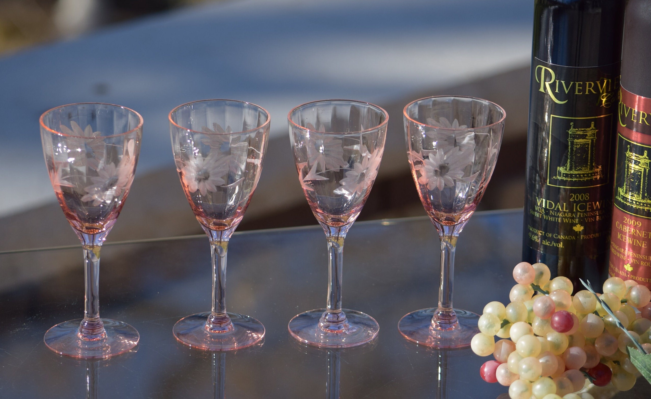 4 Vintage Pink Etched Wine Cordials Glasses, After Dinner Drink Wine