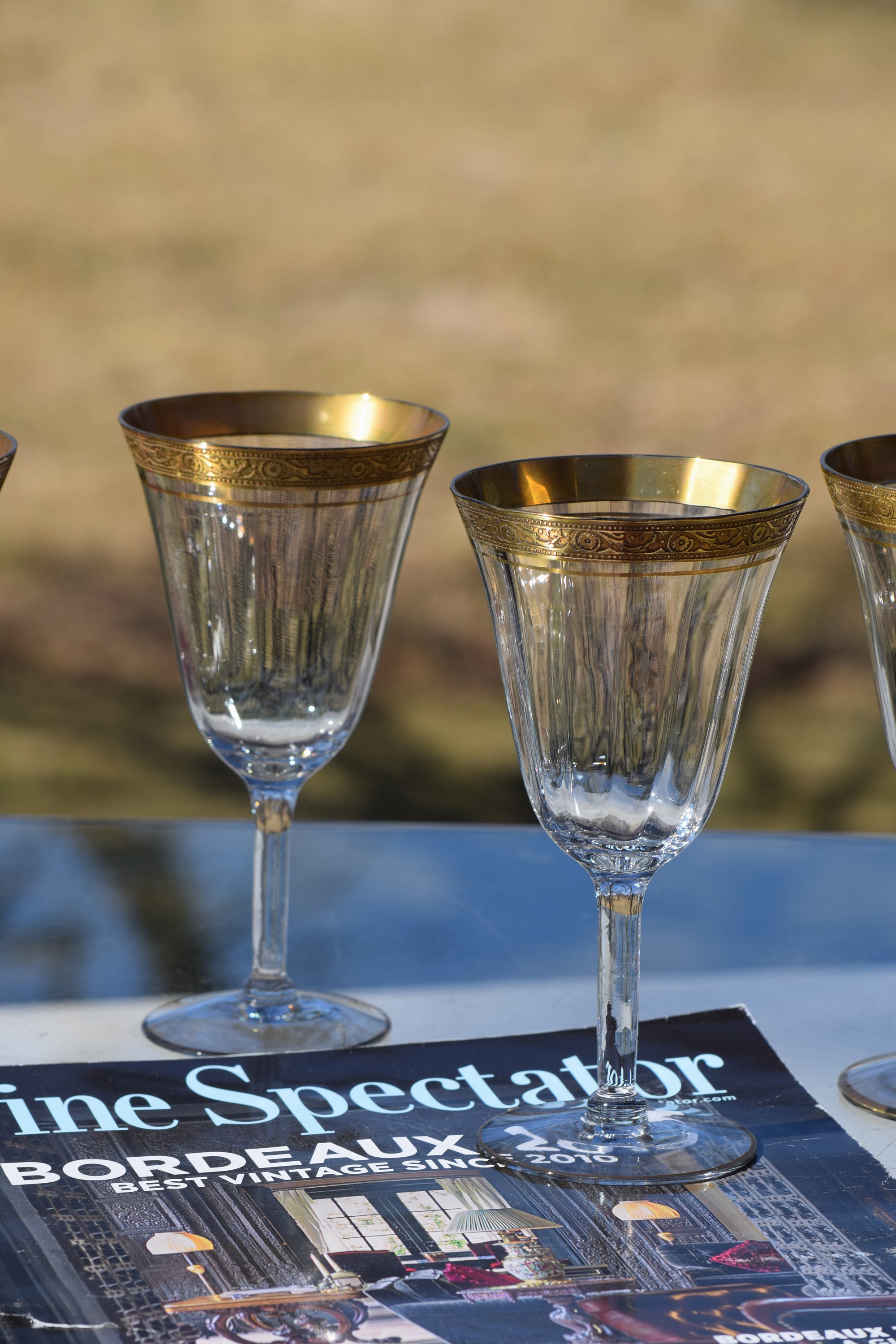 Vintage Romanian Gold Rimmed Etched Small Wine Glasses,goblets