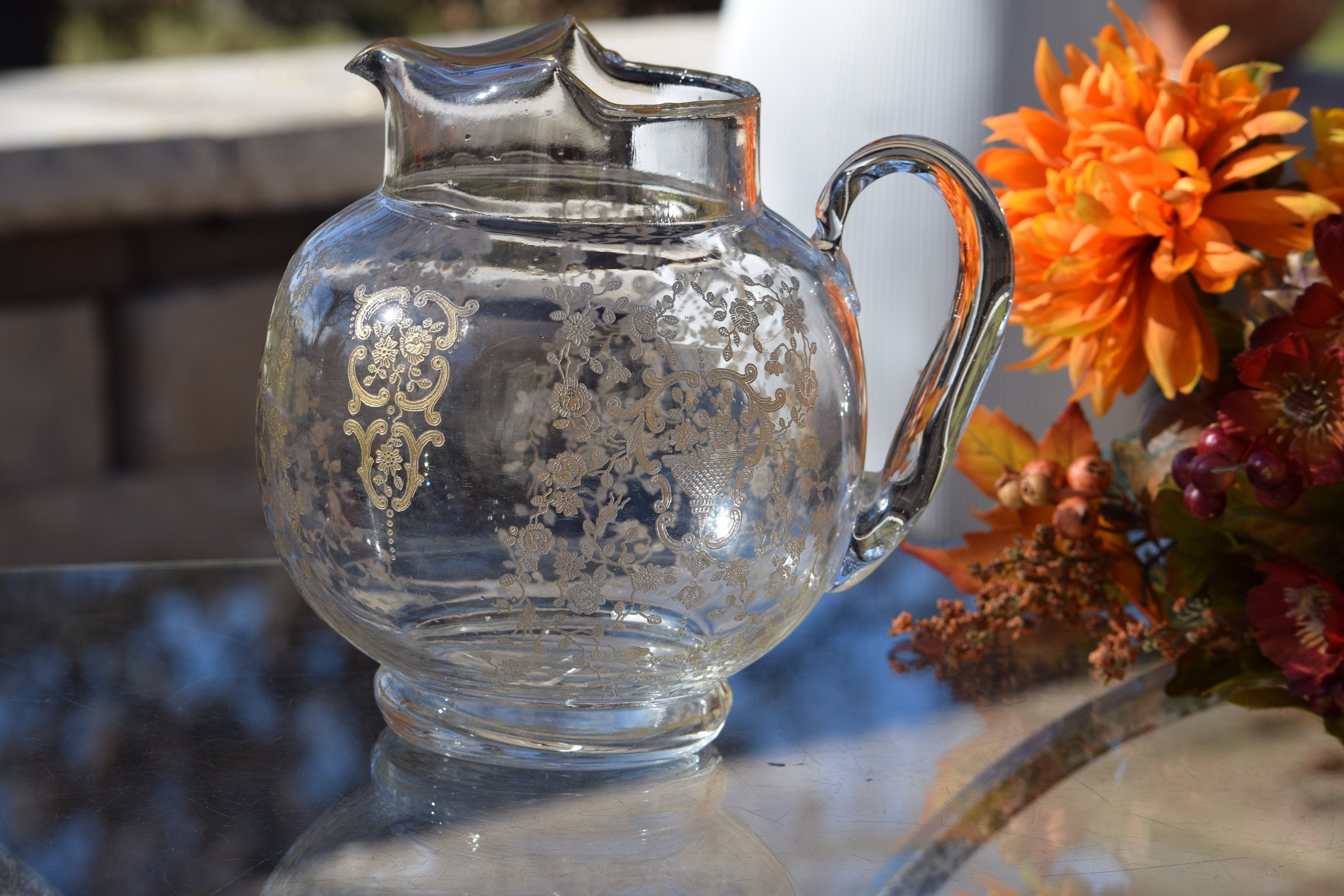 Vintage Gold Encrusted Etched Cocktail Pitcher, Glastonbury Lotus