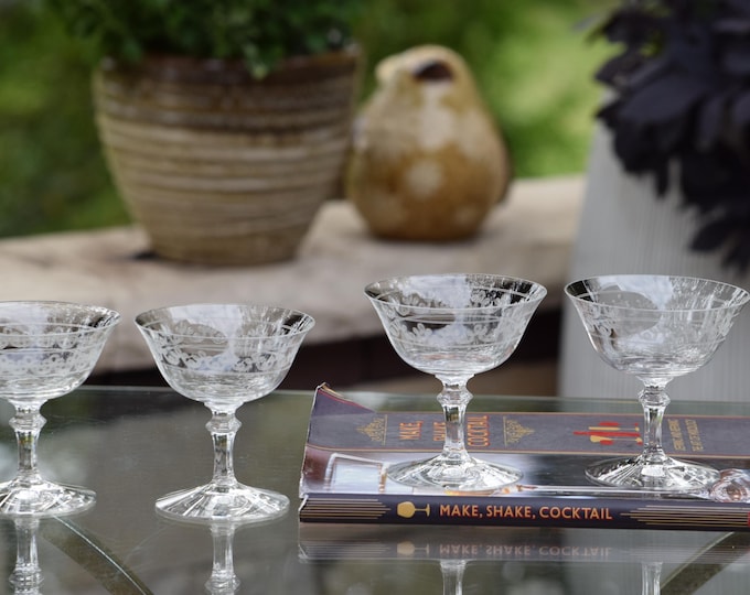 4 Vintage Needle Etched CRYSTAL Cocktail Glasses,  Heisey, Trefoil, circa 1919, Antique Needle Etched Champagne Glasses - Martini Glasses