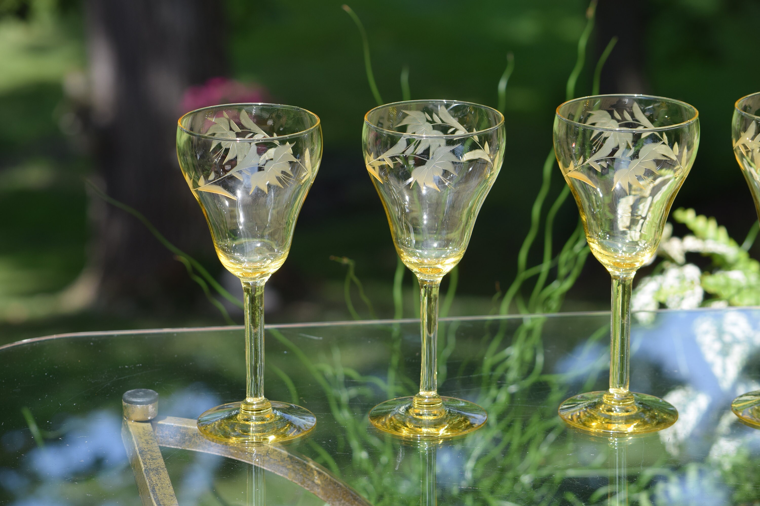 Vintage Etched Yellow Wine Glasses, Set of 4, Elegant Tall Yellow