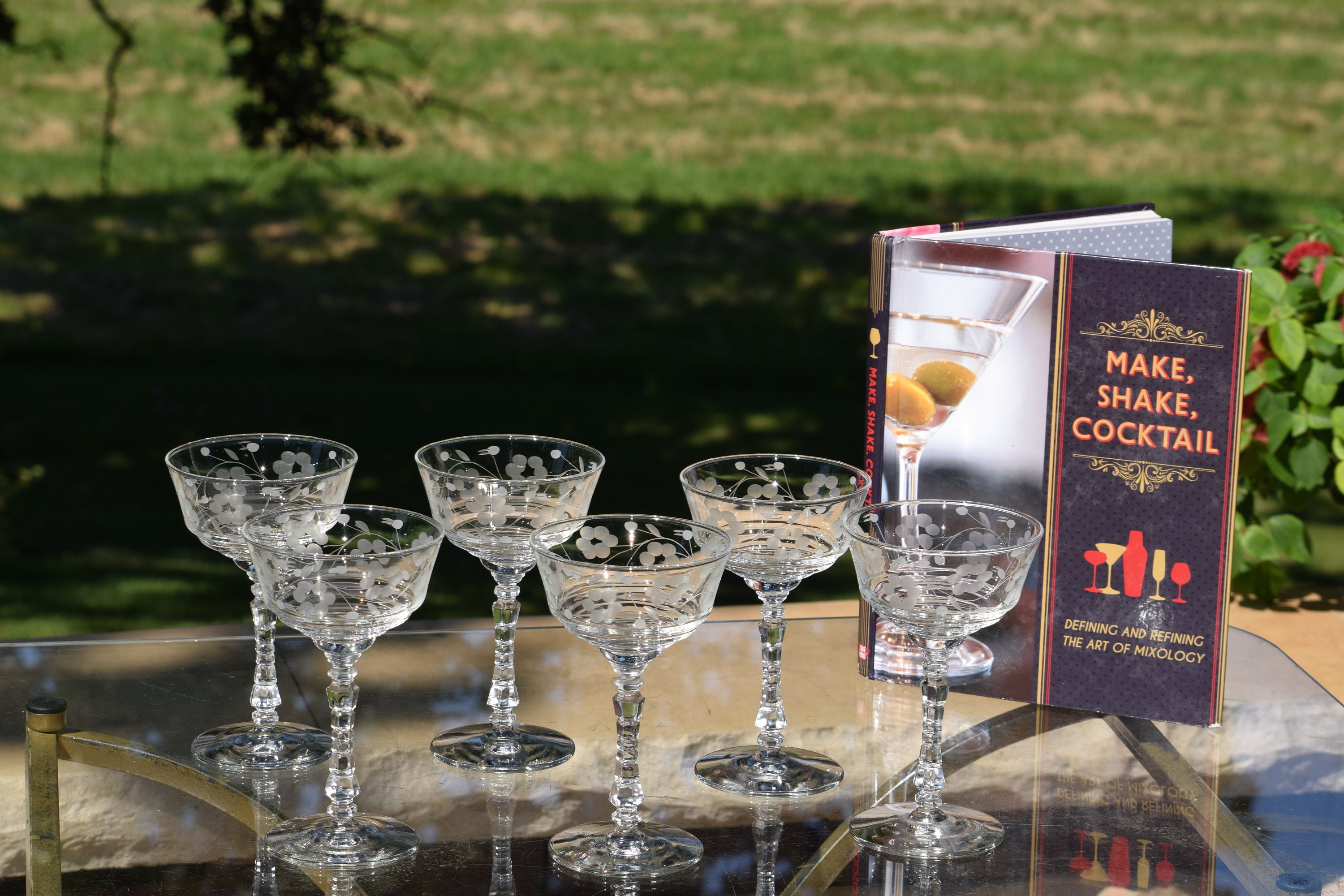 6 Vintage Etched Cocktail - Champagne Glasses, 1950's Rock Sharpe