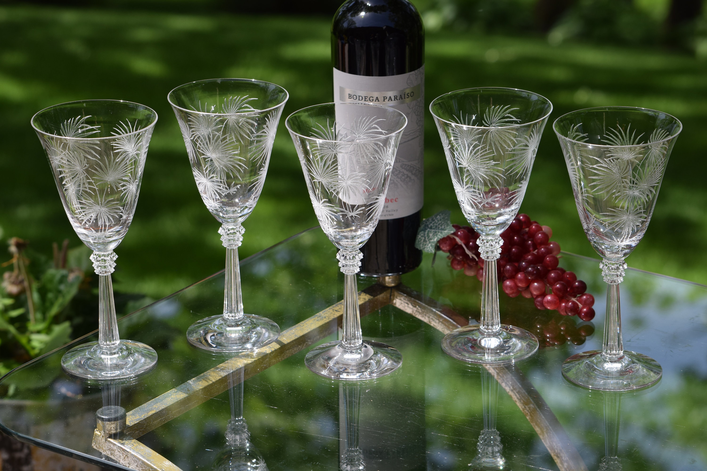 Wine Glass Set, Etched Cut Stemware Lot, Set of 4 Glasses, Etched