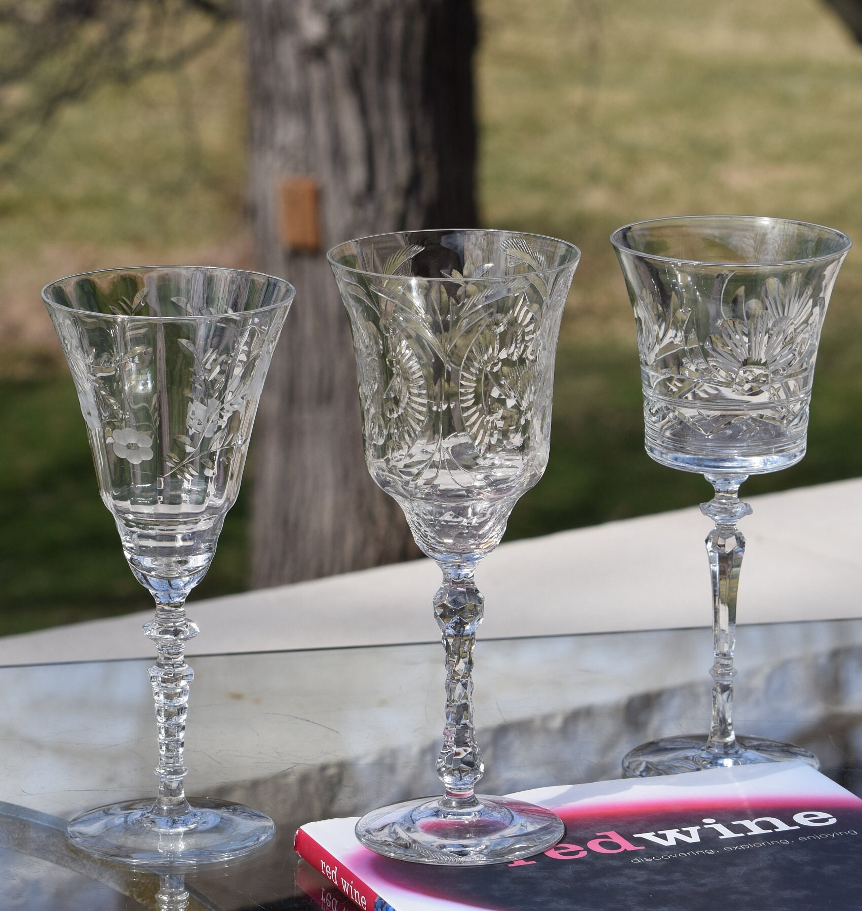 4 Vintage Etched Wine Glasses, Set of 4 Mis-Matched Etched Wine Glasses ...