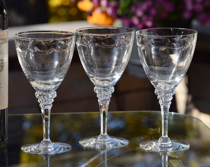 6 Vintage Etched CRYSTAL Wine Glasses, Tiffin Franciscan, circa 1950's, Vintage Etched Crystal Water Goblets, Vintage Wedding Wine Glasses