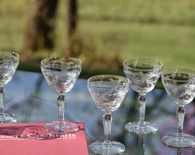SMALL SIPS! 5 Vintage Etched Port Wine Cordial Glasses, 3-4 oz After Dinner Drink Glasses, Mini Martini Glasses, Port Wine glassware