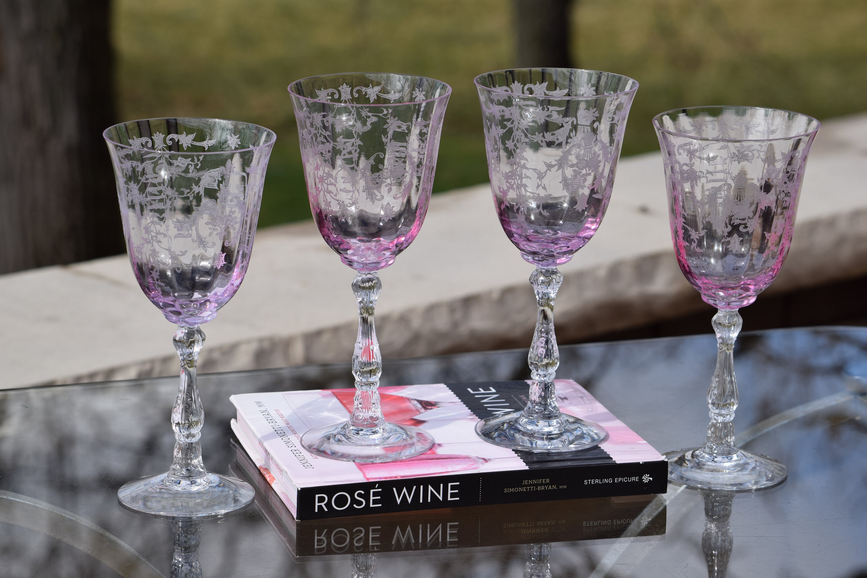 4 Vintage Pink Etched Wine Glasses, Fostoria Navarre Pink, 1970's, 7 5/