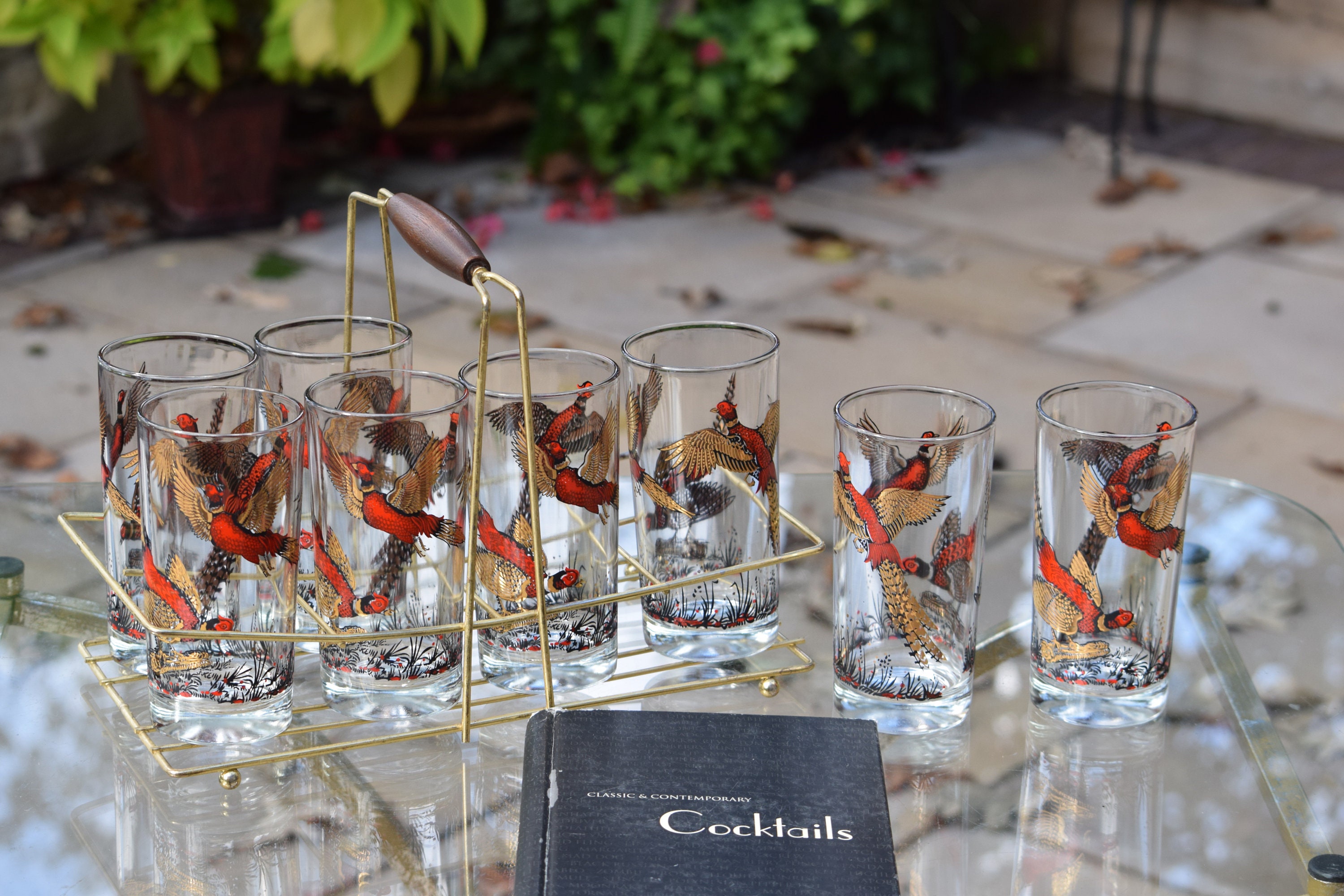 Vintage Gold and Red Pheasant Cocktail Set with Caddy, 1950's, 8 Highballs  with Caddy - Home Bar Cocktail Glasses, Whiskey, Bourbon Glasses
