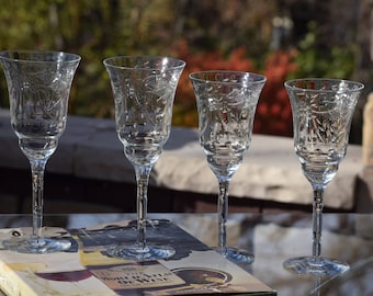 5 Vintage Etched Wine Glasses: Tall Water Goblets, 1950s, Vintage Glassware