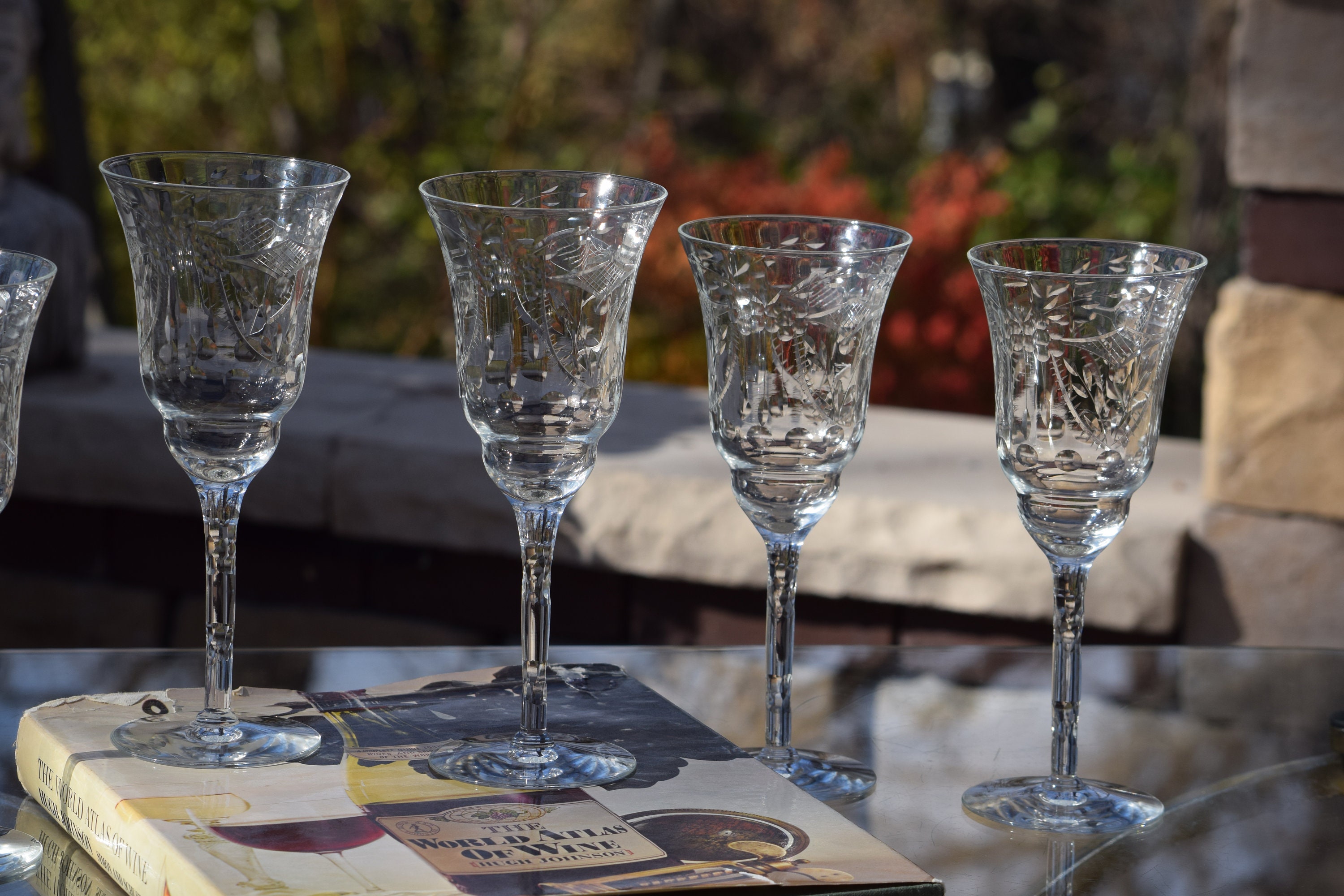 5 Vintage Etched Tall Wine Glasses ~ Water Goblets, Faceted Stem Etched Wine  Glasses, Unique Etched Stem Wine Glasses, Wedding Glasses