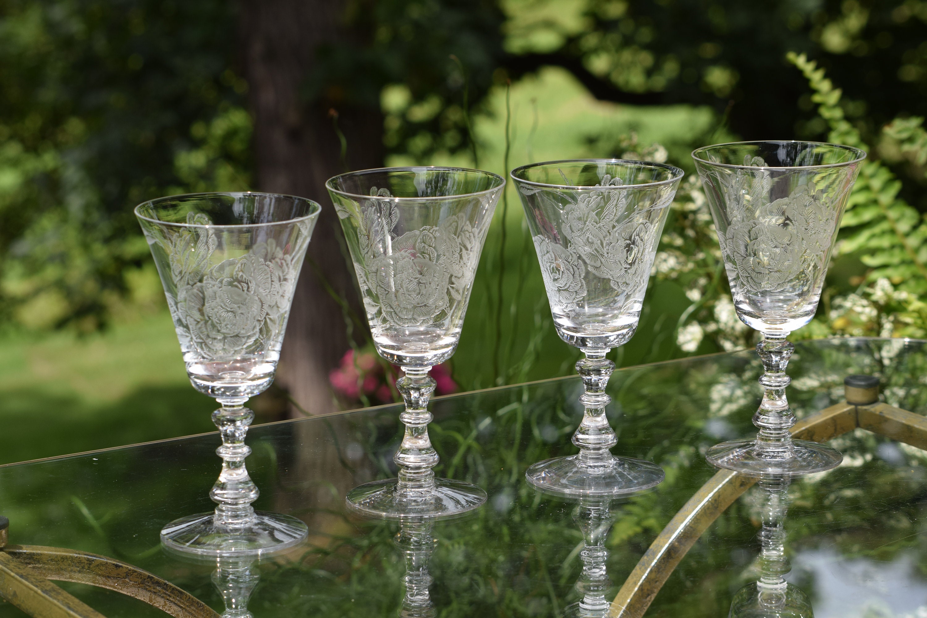 4 Vintage Etched Crystal Wine Glasses, Set of 4, Fostoria Lido, circa 1937,  Tall Etched Crystal Water Glasses, Wedding Toasting Glasses