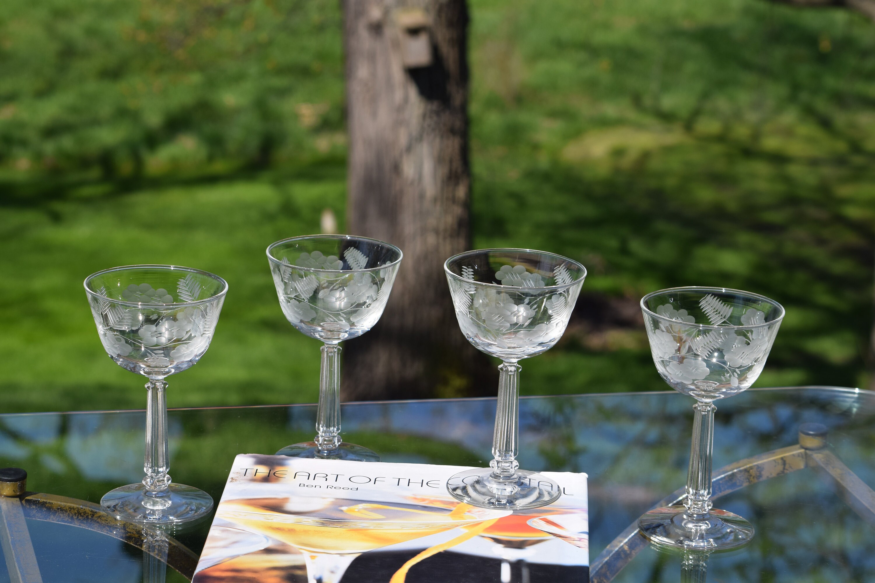 Vintage Floral Etched Tall Cocktail Martini Glasses Set