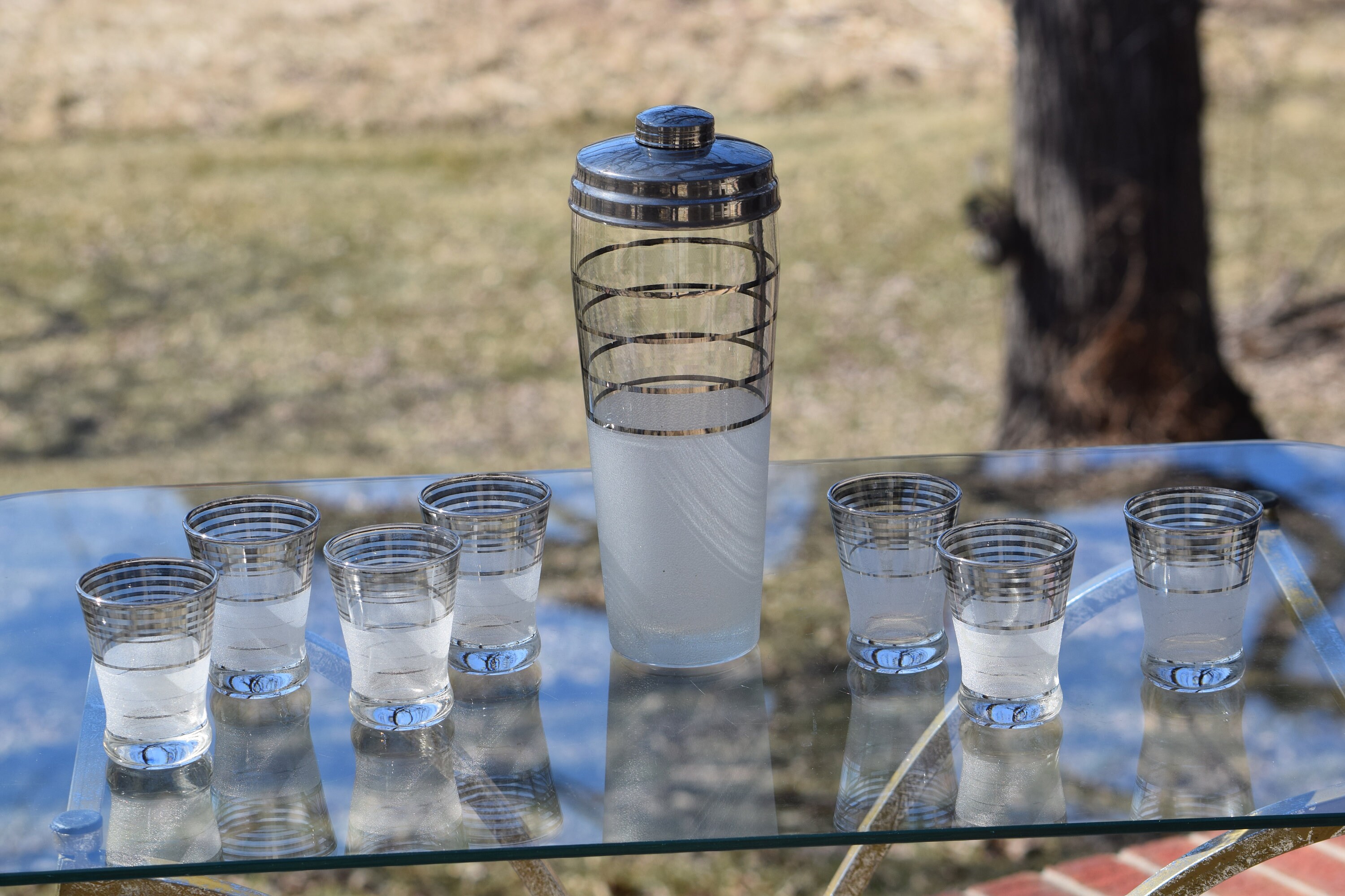 Vintage Cocktail Martini Shaker with 7 shot glasses Silver top with