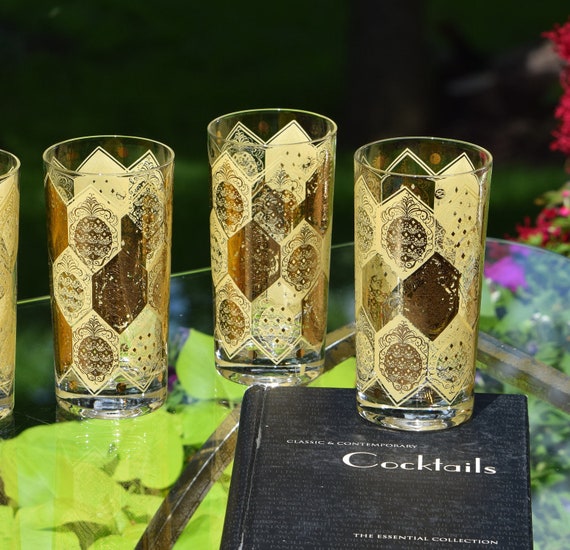 6 Vintage Cocktail Highball Glasses, Vintage Gold Cocktail Glasses
