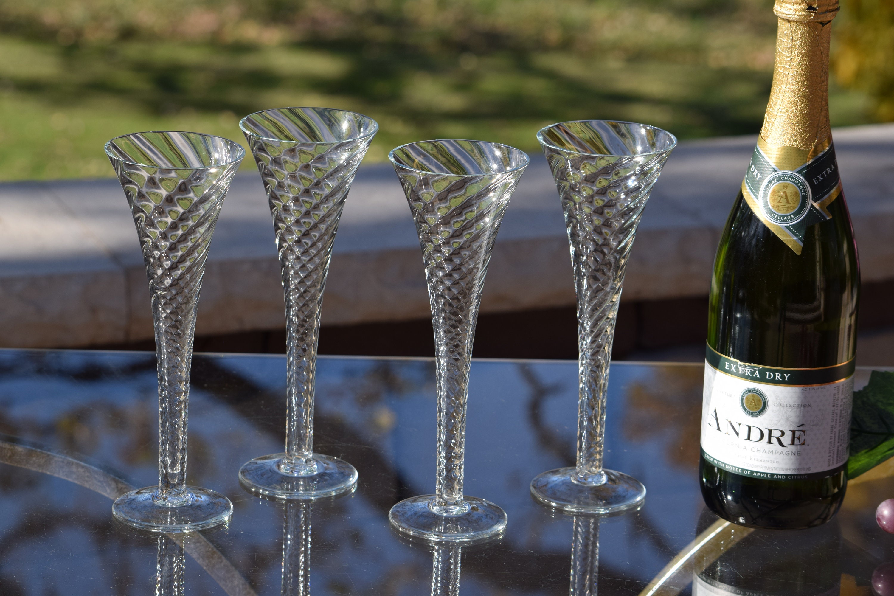 4 Vintage Tall Trumpet Fluted Champagne Glasses, Wedding Toasting