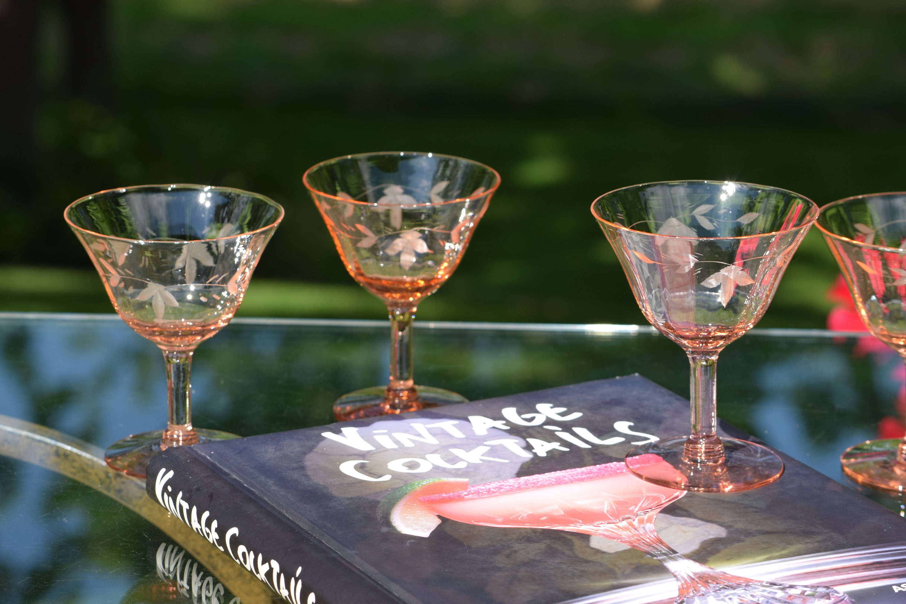 5 Vintage Pink Etched Cocktail - Martini Glasses, Mixologist