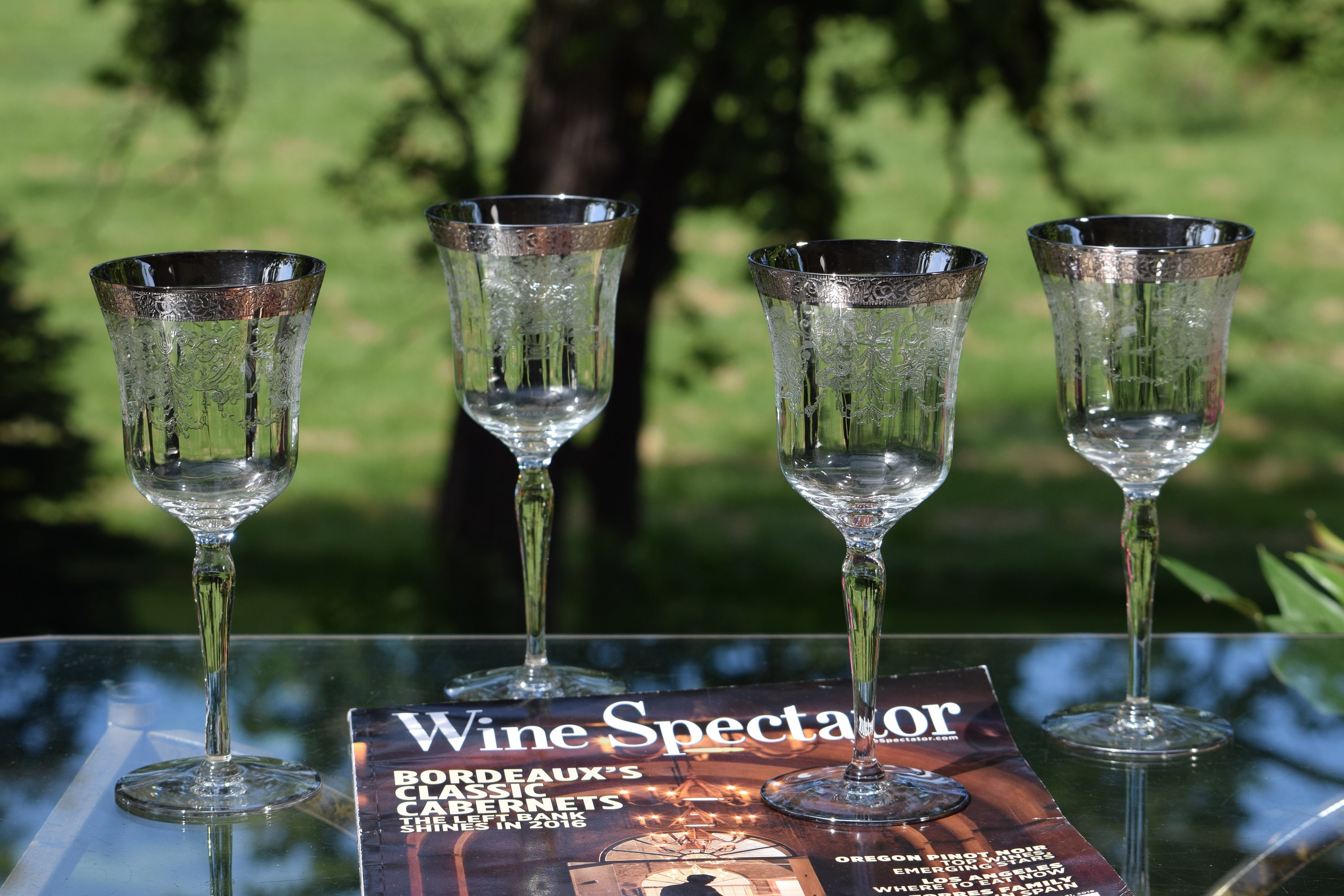 4 Vintage Platinum Encrusted Etched Wine Glasses, Tiffin Franciscan