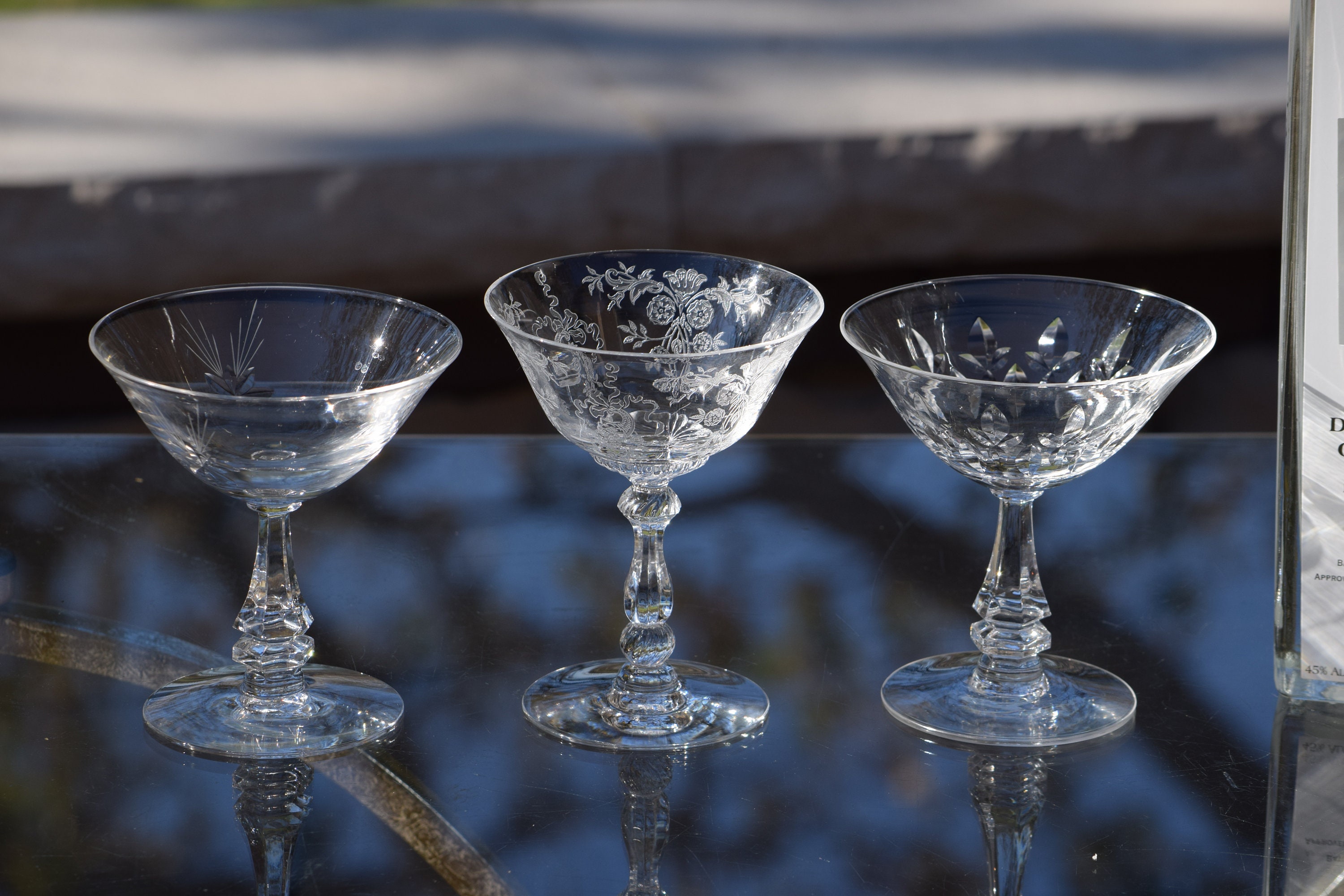 4 Vintage Etched Cocktail Martini Glasses, Set of 4 MisMatched Mixed