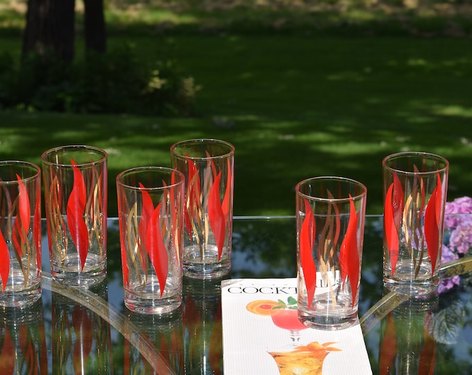 6 Vintage Red Gold Highball Cocktail glasses, 1950's, Vintage Whiskey ~ Bourbon ~ Scotch Glasses, Mid Century Highballs