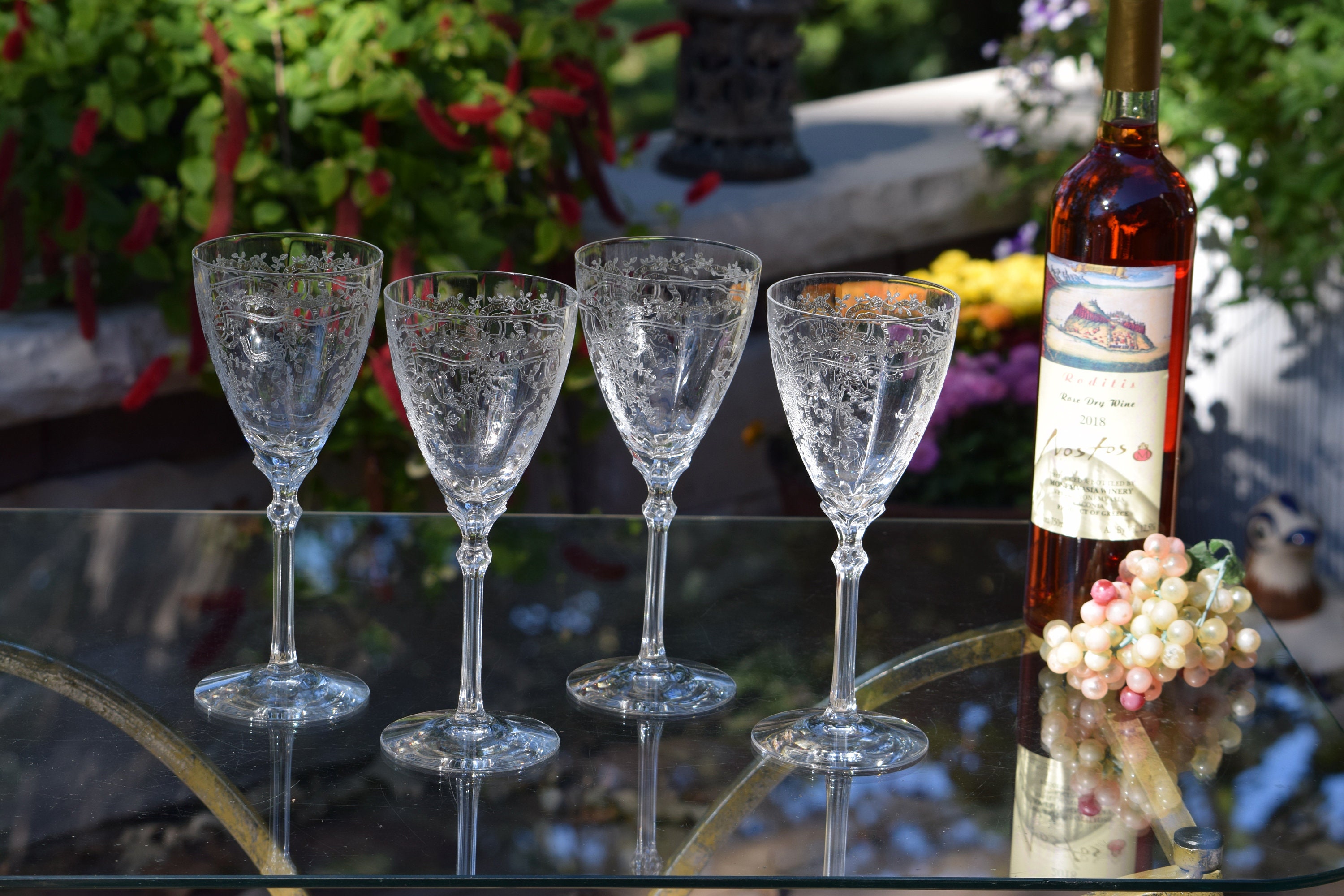 4 Vintage Acid Etched Crystal Water Goblet - Wine Glasses